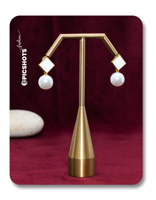 Square White Stone & Pearl Drop Earrings - Elegant Minimalist Pearl Earrings for Women