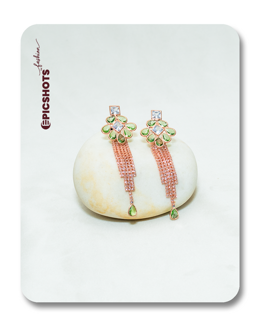 Rose Gold Plated Light Green Fringe Earrings – Designer Statement Drop Party Jewelry