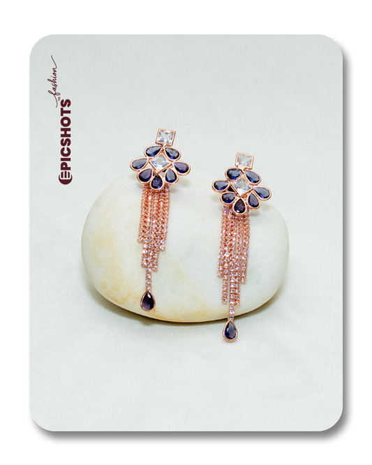 Rose Gold Plated Purple Stone Fringe Earrings – Party Wear, Designer Drop Jewelry
