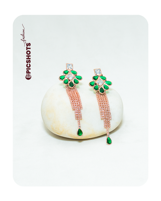 Rose Gold Plated Green Stone Fringe Earrings – Party Wear Statement Jewelry