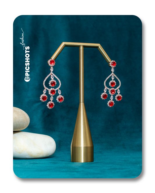 Rose Gold Plated Red Stone Chandelier Earrings – Designer Statement Party Jewelry