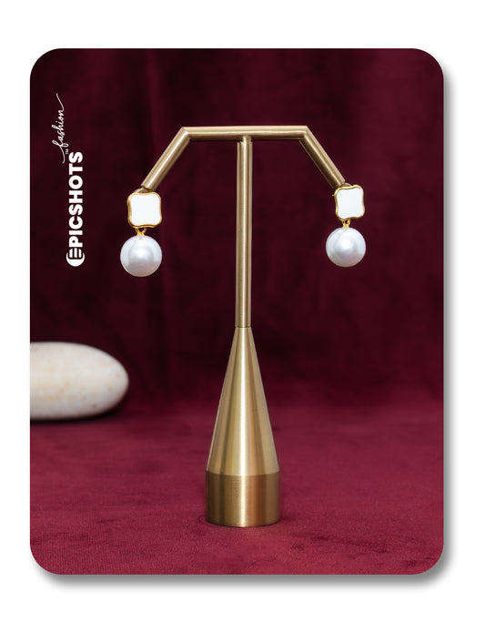 Wavy Square White Stone & Pearl Drop Earrings – Elegant Pearl Drop Earrings for Women