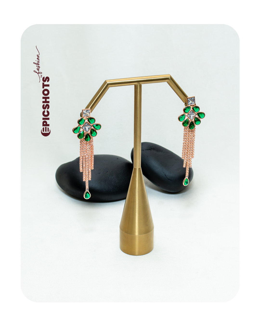 Rose Gold Plated Green Stone Fringe Earrings – Party Wear Statement Jewelry