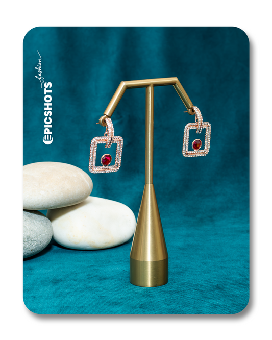 Rose Gold Square Drop Earrings with Red Stone – Modern Sparkling Statement Jewelry for Women