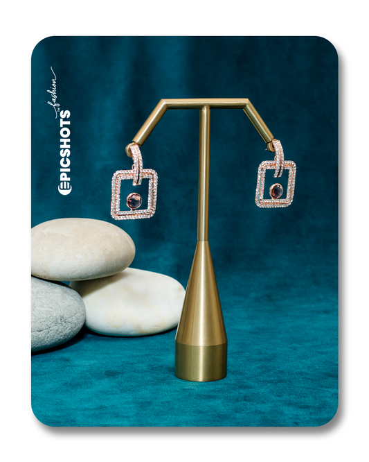 Rose Gold Square Drop Earrings with Light Brown Stone – Modern Statement Earrings for Women