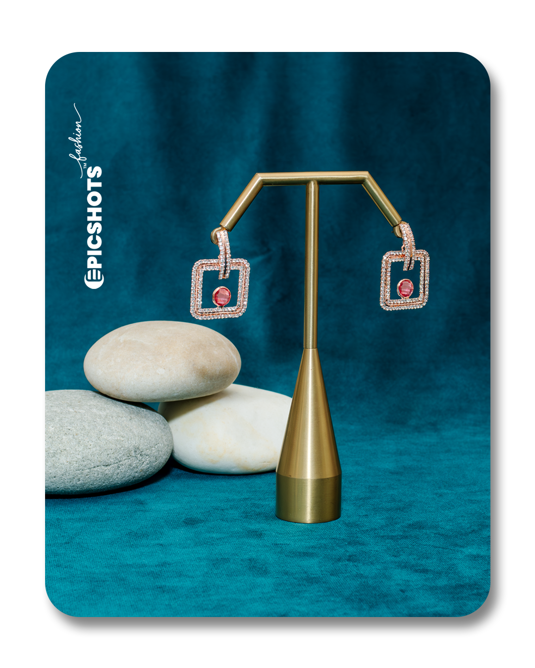 Rose Gold Square Drop Earrings with Fiery Rose Stone – Modern Statement Geometric Dangles for Women
