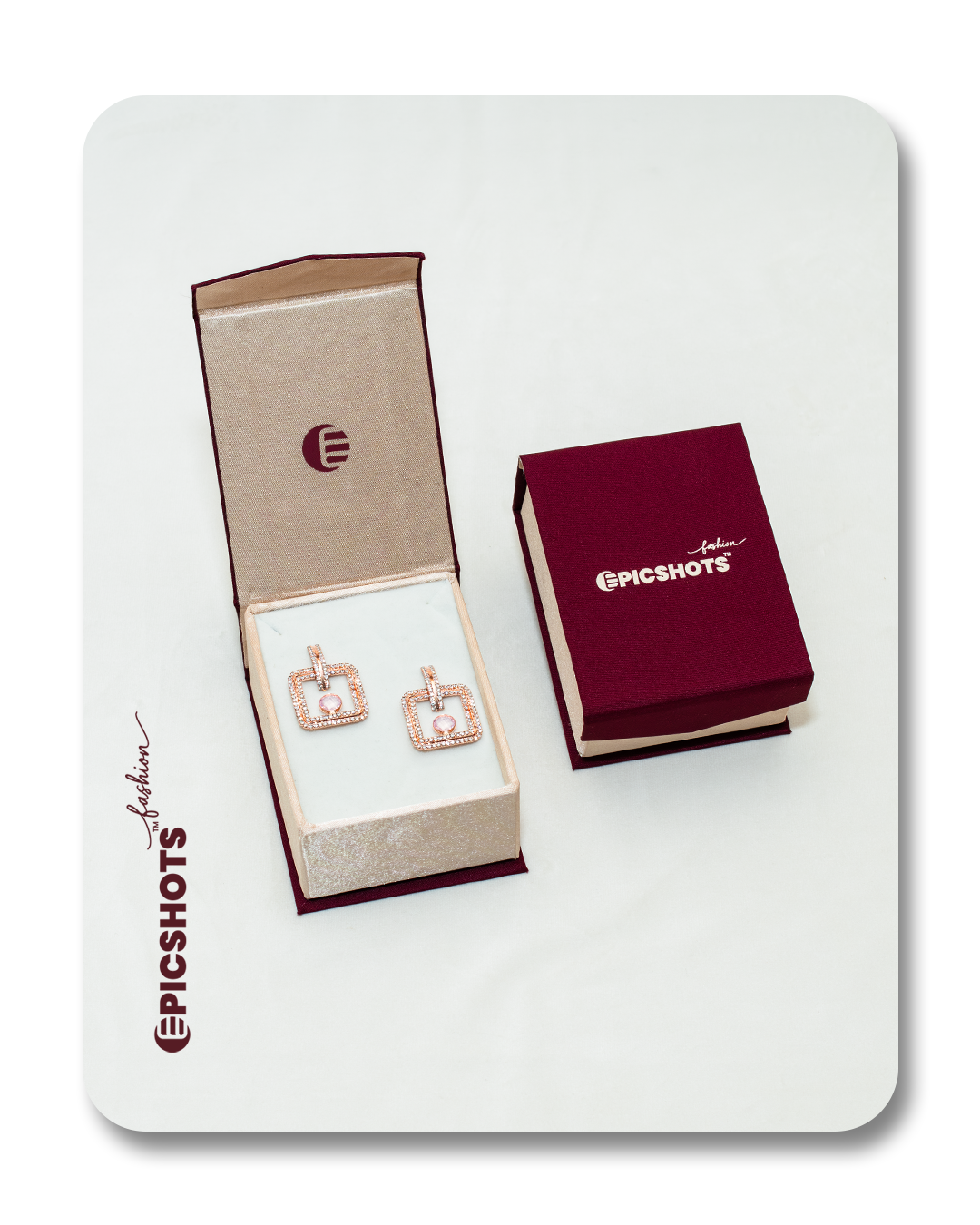 Rose Gold Square Drop Earrings with Light Pink Stone – Modern Geometric Statement Earrings for Women