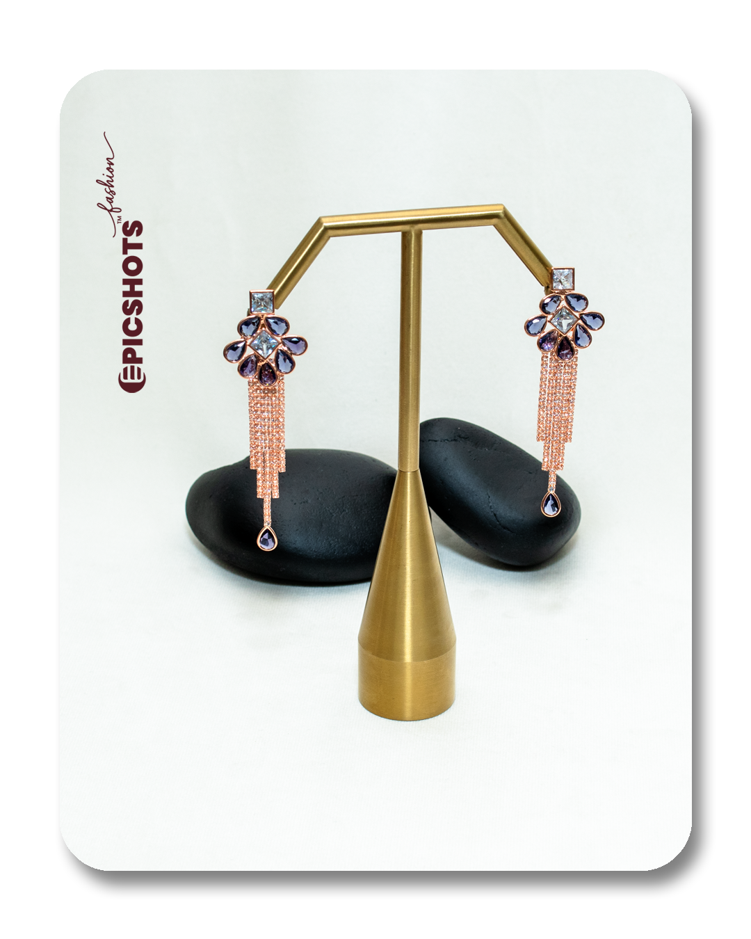 Rose Gold Plated Purple Stone Fringe Earrings – Party Wear, Designer Drop Jewelry
