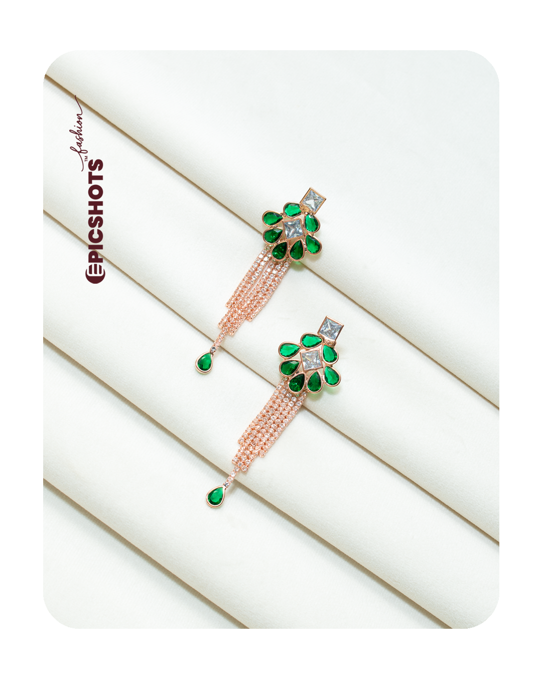 Rose Gold Plated Green Stone Fringe Earrings – Party Wear Statement Jewelry