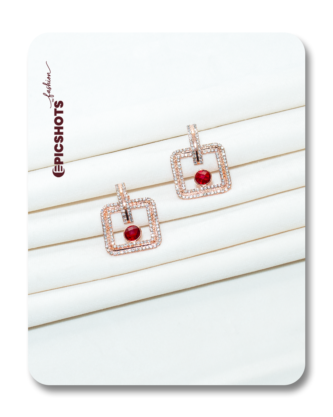 Rose Gold Square Drop Earrings with Red Stone – Modern Sparkling Statement Jewelry for Women