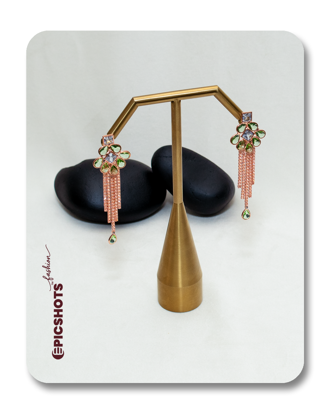 Rose Gold Plated Light Green Fringe Earrings – Designer Statement Drop Party Jewelry