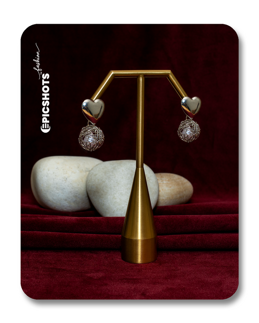 Silver Heart & Wire Orb Drop Earrings – Romantic Modern Statement Jewelry for Women