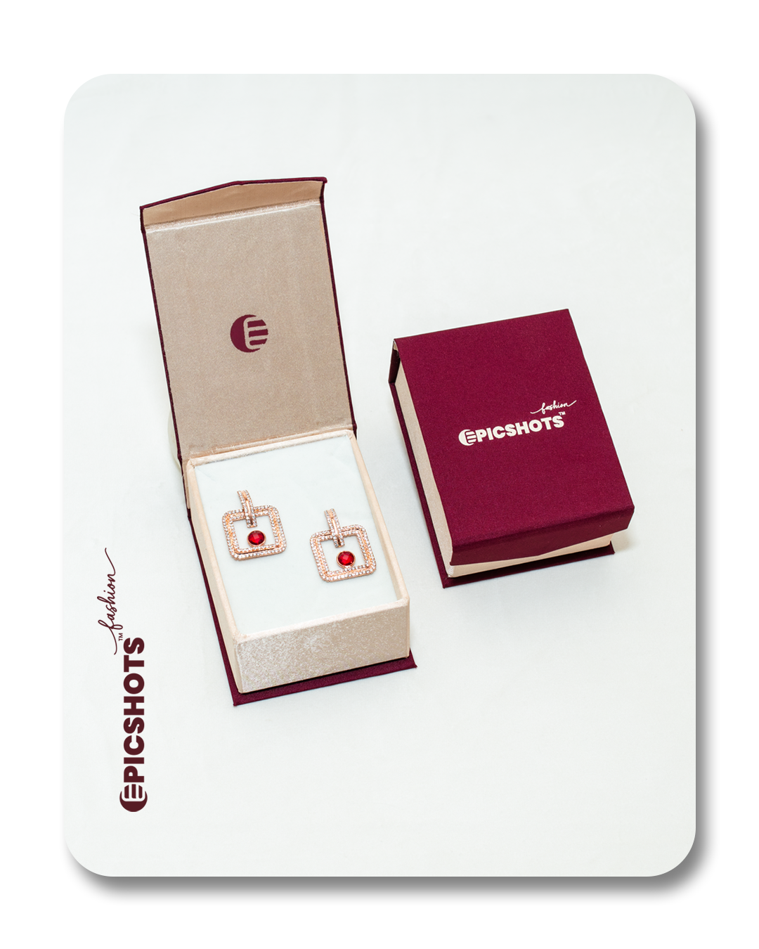 Rose Gold Square Drop Earrings with Red Stone – Modern Sparkling Statement Jewelry for Women