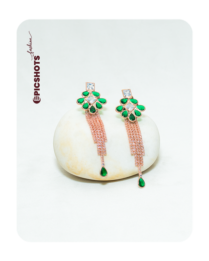 Rose Gold Plated Green Stone Fringe Earrings – Party Wear Statement Jewelry