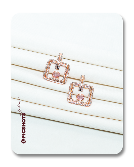 Rose Gold Square Drop Earrings with Light Pink Stone – Modern Geometric Statement Earrings for Women