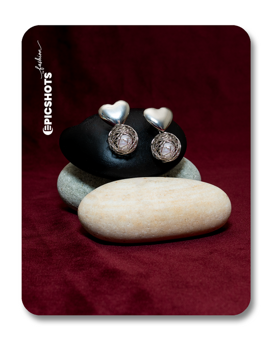 Silver Heart & Wire Orb Drop Earrings – Romantic Modern Statement Jewelry for Women