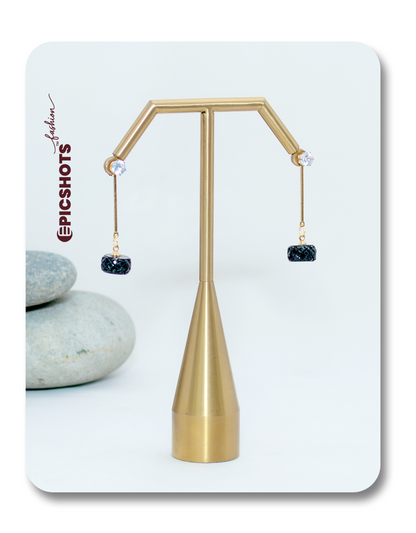 Trendy Gold Tire Stud Earrings with Black Bead & Crystal – Unique Dangle Studs for Women