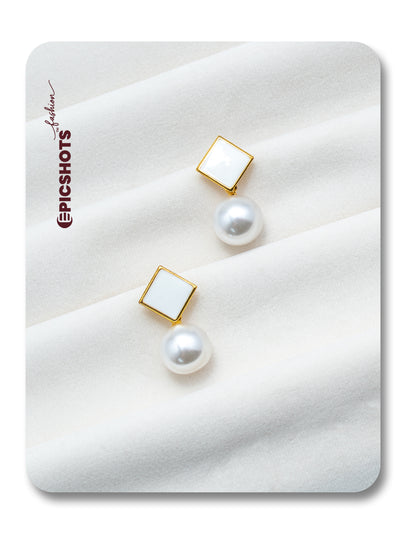 Square White Stone & Pearl Drop Earrings - Elegant Minimalist Pearl Earrings for Women