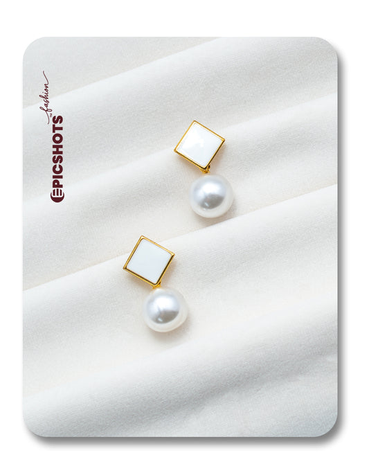 Square White Stone & Pearl Drop Earrings - Elegant Minimalist Pearl Earrings for Women