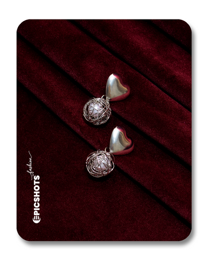 Silver Heart & Wire Orb Drop Earrings – Romantic Modern Statement Jewelry for Women