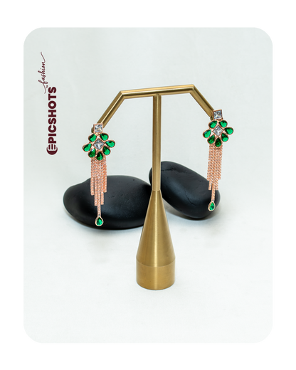 Rose Gold Plated Green Stone Fringe Earrings – Party Wear Statement Jewelry