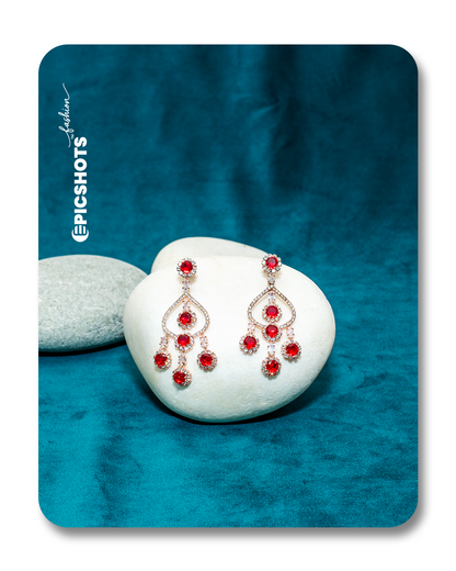 Rose Gold Plated Red Stone Chandelier Earrings – Designer Statement Party Jewelry