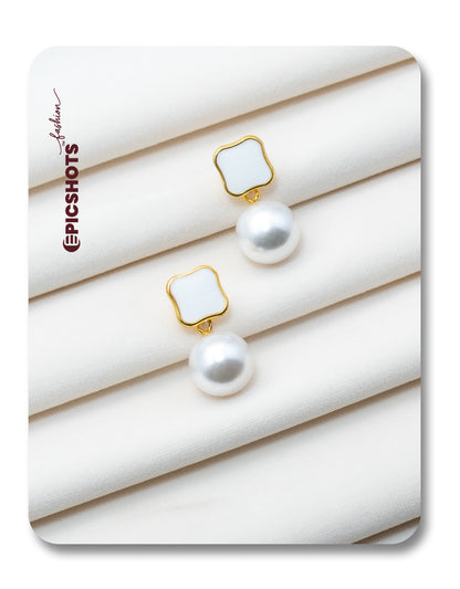 Wavy Square White Stone & Pearl Drop Earrings – Elegant Pearl Drop Earrings for Women