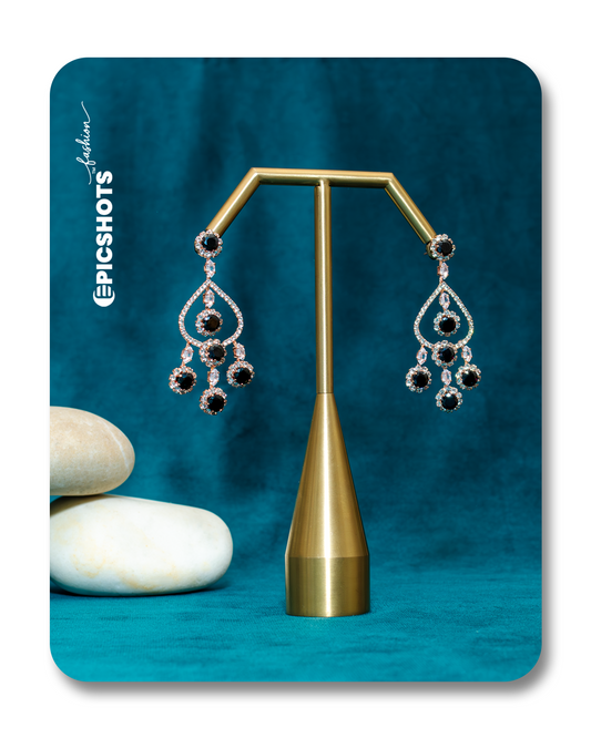 Rose Gold Plated Black Stone Chandelier Earrings – Designer Statement Party Jewelry
