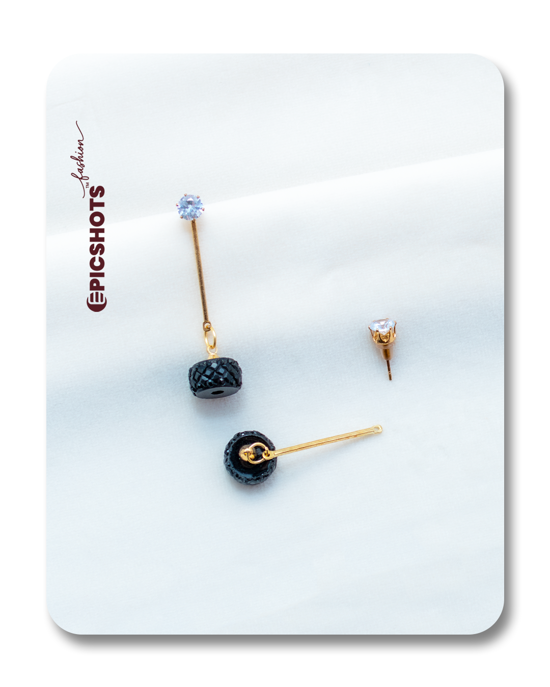 Trendy Gold Tire Stud Earrings with Black Bead & Crystal – Unique Dangle Studs for Women