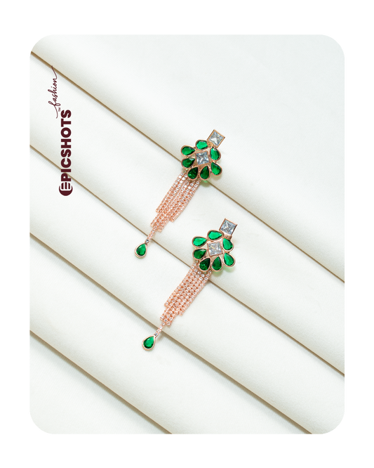 Rose Gold Plated Green Stone Fringe Earrings – Party Wear Statement Jewelry