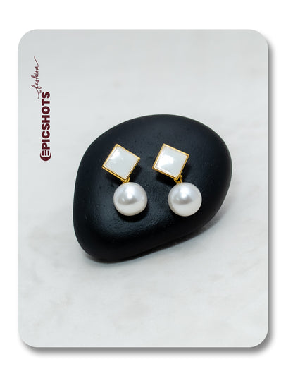 Square White Stone & Pearl Drop Earrings - Elegant Minimalist Pearl Earrings for Women