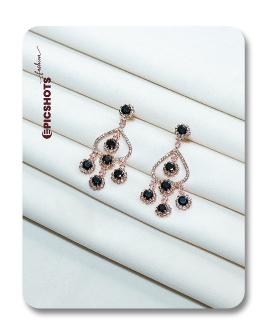 Rose Gold Plated Black Stone Chandelier Earrings – Designer Statement Party Jewelry