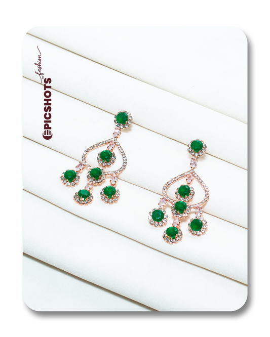 Rose Gold Plated Green Stone Chandelier Earrings – Designer Statement Party Jewelry