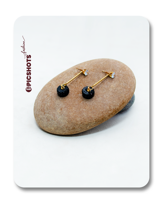 Trendy Gold Tire Stud Earrings with Black Bead & Crystal – Unique Dangle Studs for Women