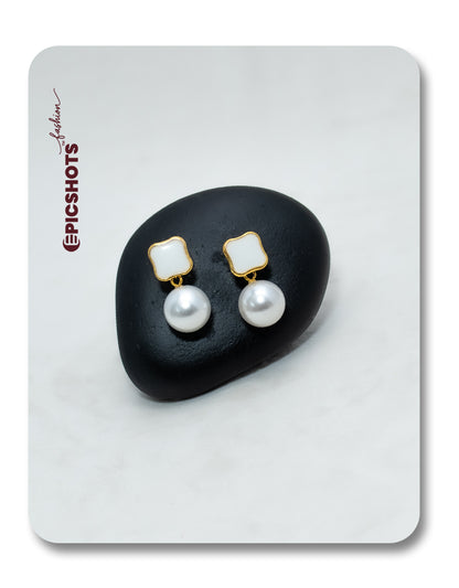 Wavy Square White Stone & Pearl Drop Earrings – Elegant Pearl Drop Earrings for Women