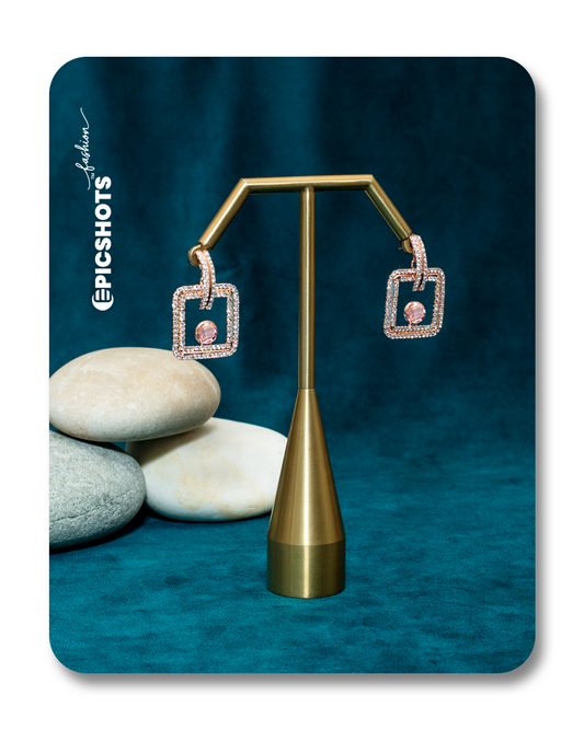 Rose Gold Square Drop Earrings with Light Pink Stone – Modern Geometric Statement Earrings for Women