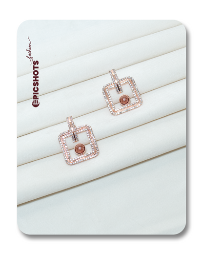 Rose Gold Square Drop Earrings with Light Brown Stone – Modern Statement Earrings for Women