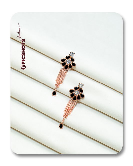 Rose Gold Plated Black Fringe Earrings – Designer Statement Drop Jewelry for Party Wear