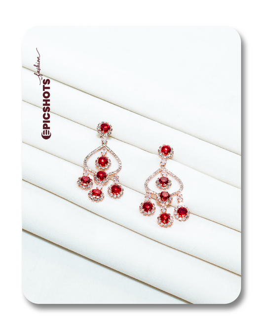 Rose Gold Plated Red Stone Chandelier Earrings – Designer Statement Party Jewelry