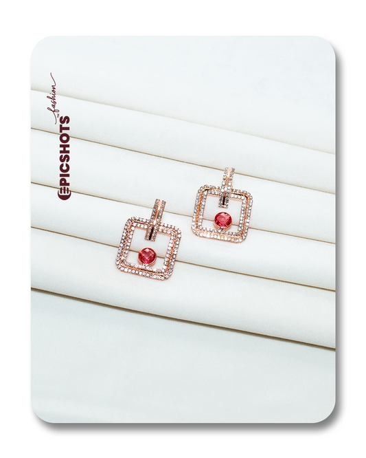Rose Gold Square Drop Earrings with Fiery Rose Stone – Modern Statement Geometric Dangles for Women