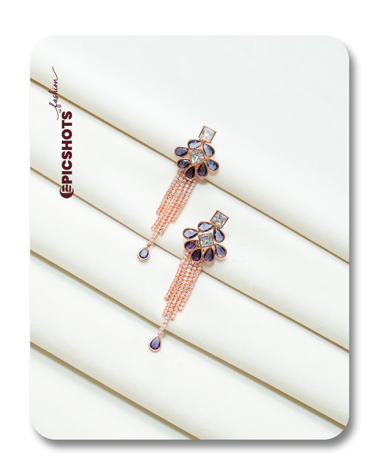 Rose Gold Plated Purple Stone Fringe Earrings – Party Wear, Designer Drop Jewelry