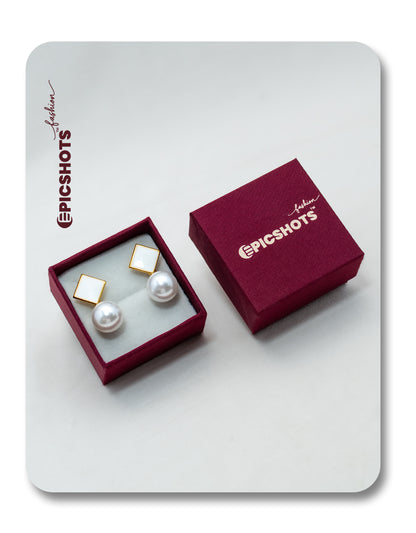 Square White Stone & Pearl Drop Earrings - Elegant Minimalist Pearl Earrings for Women