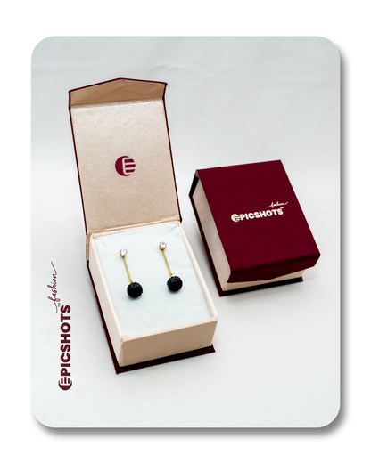 Trendy Gold Tire Stud Earrings with Black Bead & Crystal – Unique Dangle Studs for Women