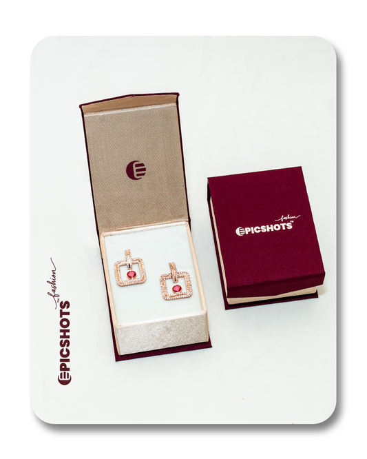 Rose Gold Square Drop Earrings with Fiery Rose Stone – Modern Statement Geometric Dangles for Women