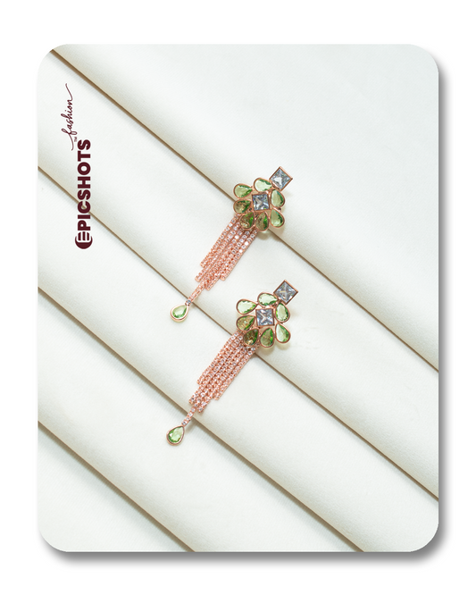 Rose Gold Plated Light Green Fringe Earrings – Designer Statement Drop Party Jewelry