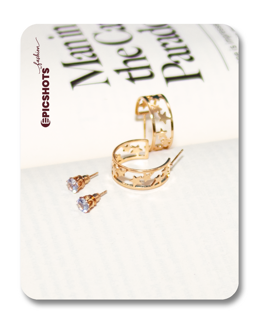 Gold-Plated Star Hoop and Crystal Stud Earrings – Trendy Party Wear Combo for Women